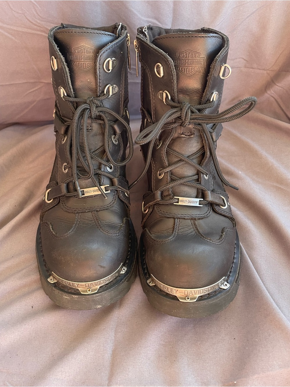 Harley-Davidson Black Leather Lace-Up Riding Boots with side zipper